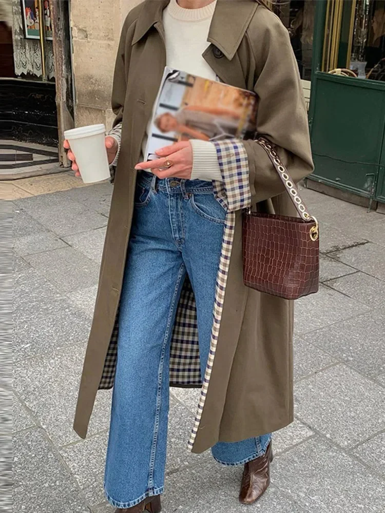 Elegant Plaid Lapel Long Windbreaker Women Fashion Single Breasted Full Sleeve Solid Coat 2025 Spring Lady High Street Outwear 5