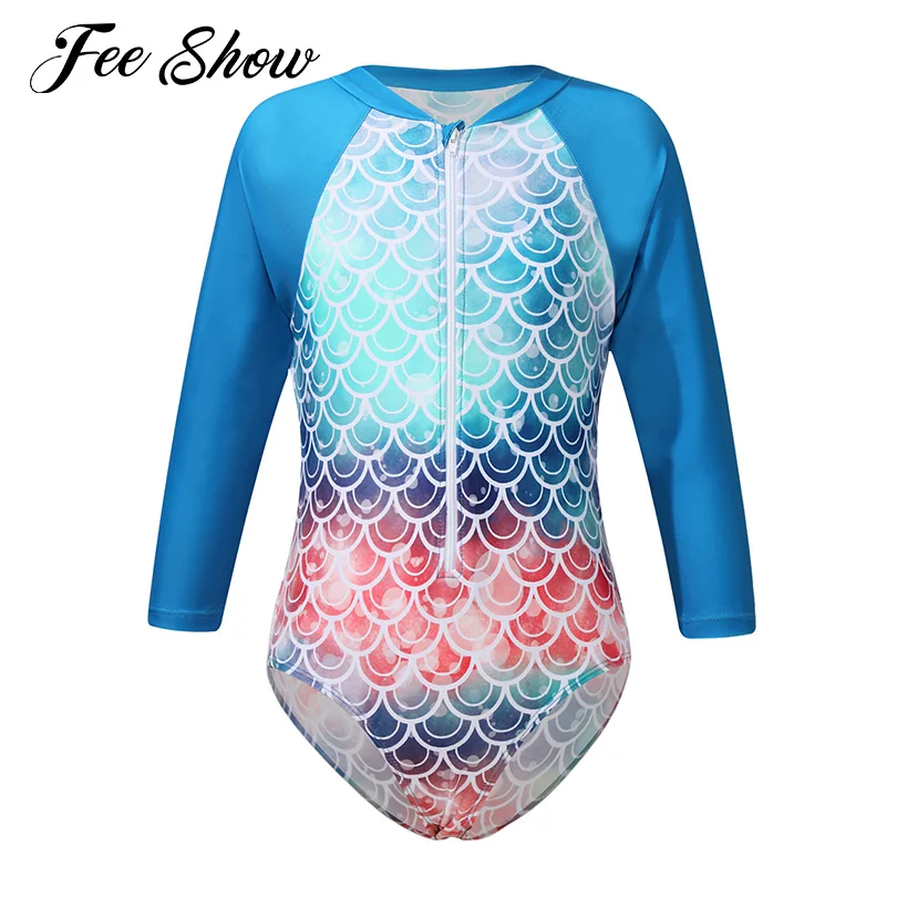 

Kids Girls Swimming Jumpsuit Swimsuit Long Sleeve Zipper Bodysuit Surfing Bathing Suit Rash Guard UPF 50+ Sunsuit Beach Swimwear