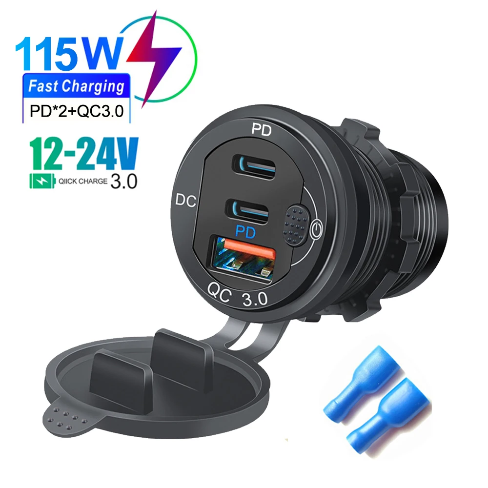 

Car Charger Socket PD3.0 & QC3.0 USB Type-c Ports Waterproof with LED Touch Switch 115W Fast Charging Car Moto Adapter 12V/24V
