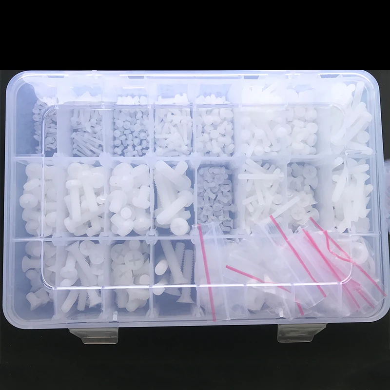 1275pcs White Nylon Screw Nut Washer Set M2 M2.5 M3 M4 M5 M6 Nylon Countersunk Round Head Cross Screw Plastic Phillips Flat Head