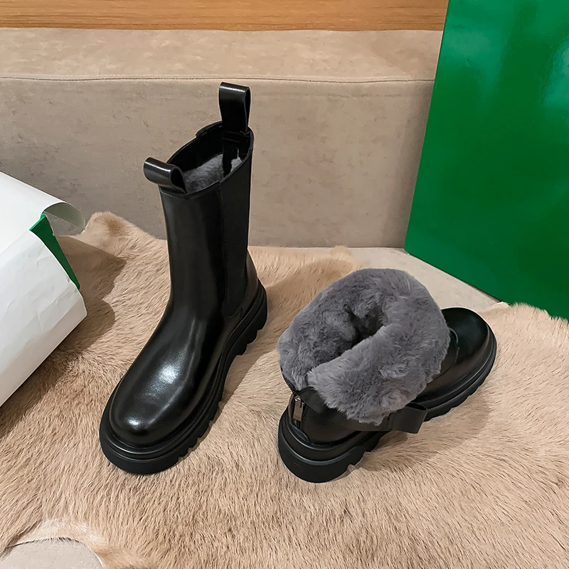 2022 Chelsea Boots Chunky Boots Women Winter Shoes PU Leather Plush Mid Calf Boots Black Female Autumn Fashion Platform Booties