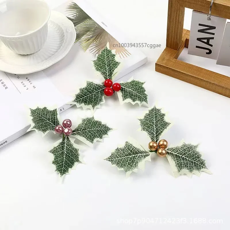 50-5Pcs Christmas Holly Leaves Artificial Red Berries Flower DIY Christmas Wreath Ornaments For 2025 Xmas New Year Decor Navidad