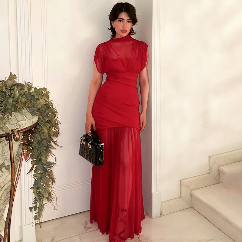 Blifanbo Mesh Short Sleeve Sexy Maxi Dress For Women Elegant High Waist Fashion Patchwork Summer Sexy Slim Club Party Long Dress image