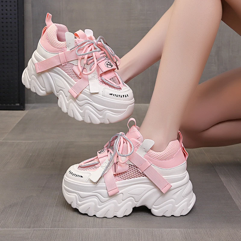 

2023 Women's Chunky Sneakers Mesh Breathable Spring Shoes Autumn Women's Casual Sports High Platform Shoes All-match Comfortable