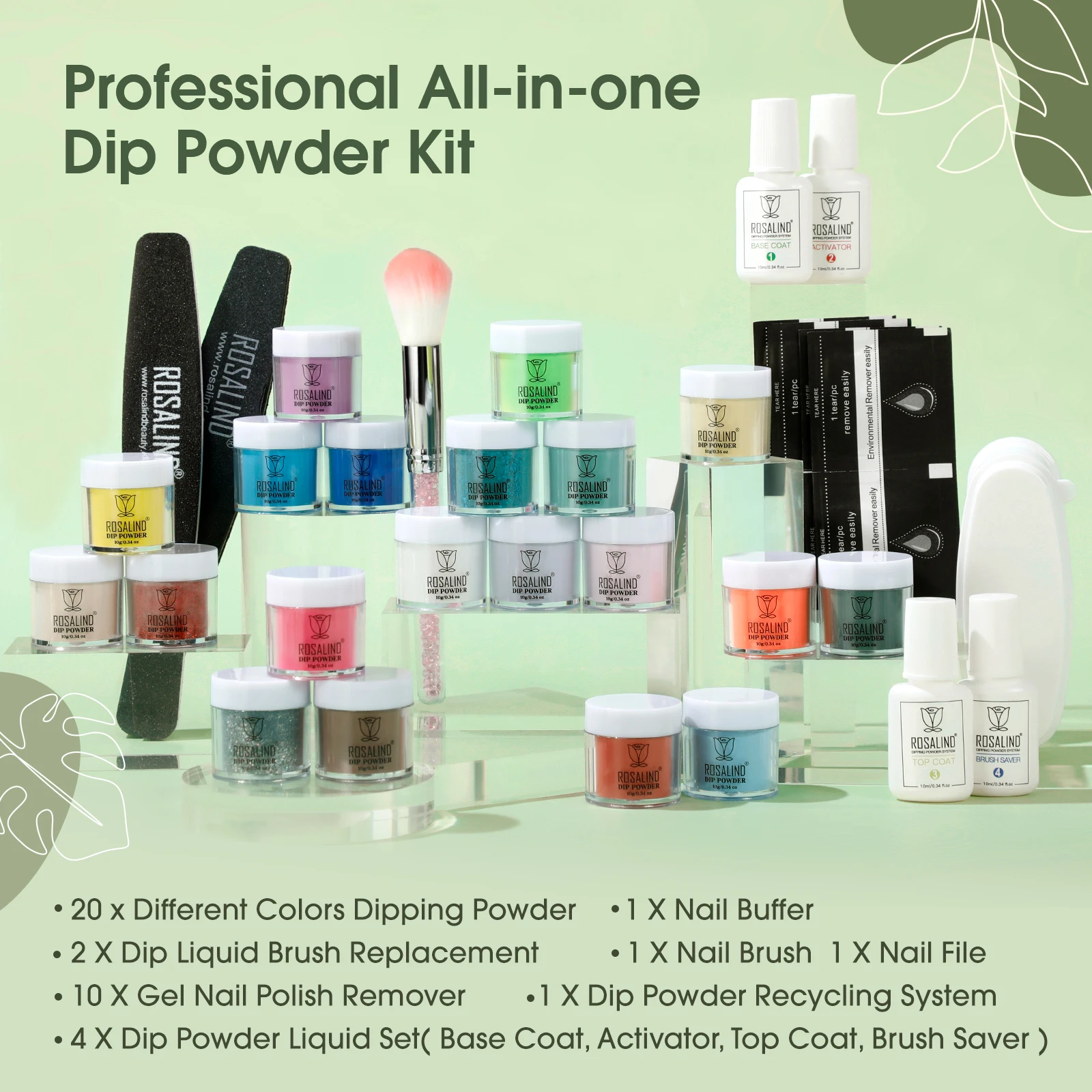 ROSALIND 29PCS Dip Nails Powder Starter Kit, 20 Colors Dip Powder Nail Kit Red Green Orange Glitter Series Nail Color