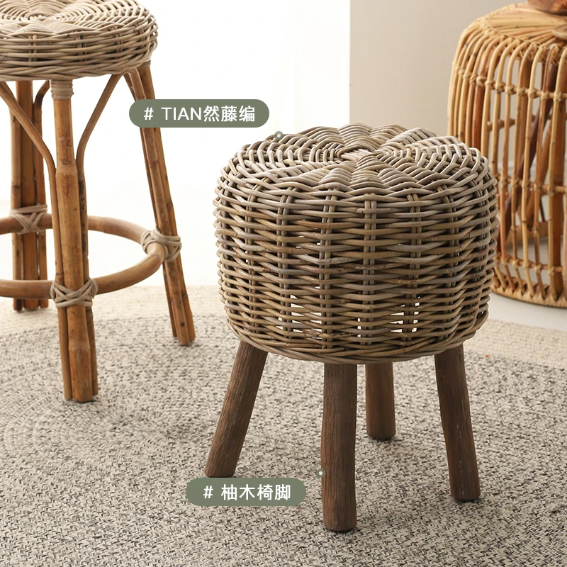 

Ji Ji Feng Rattan Woven Low Stool Home Retro Minimalist round Stool B & B Courtyard Stool