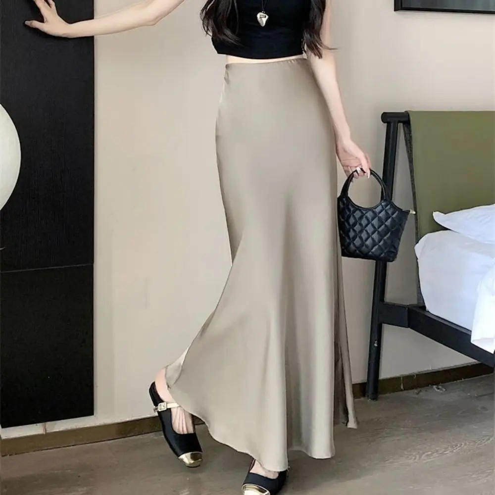 Simple Summer Satin Silk Long Skirt Slim Fit High Waist High Waisted Skirts Half Body Dress A Line Midi Skirt Women