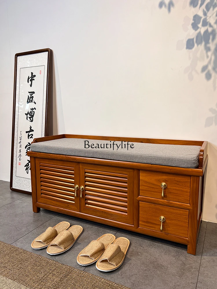 

New Chinese Style Shoe Changing Stool Hallway Solid Wood Shoe Cabinet Integrated Old Elm Wood Home Storage