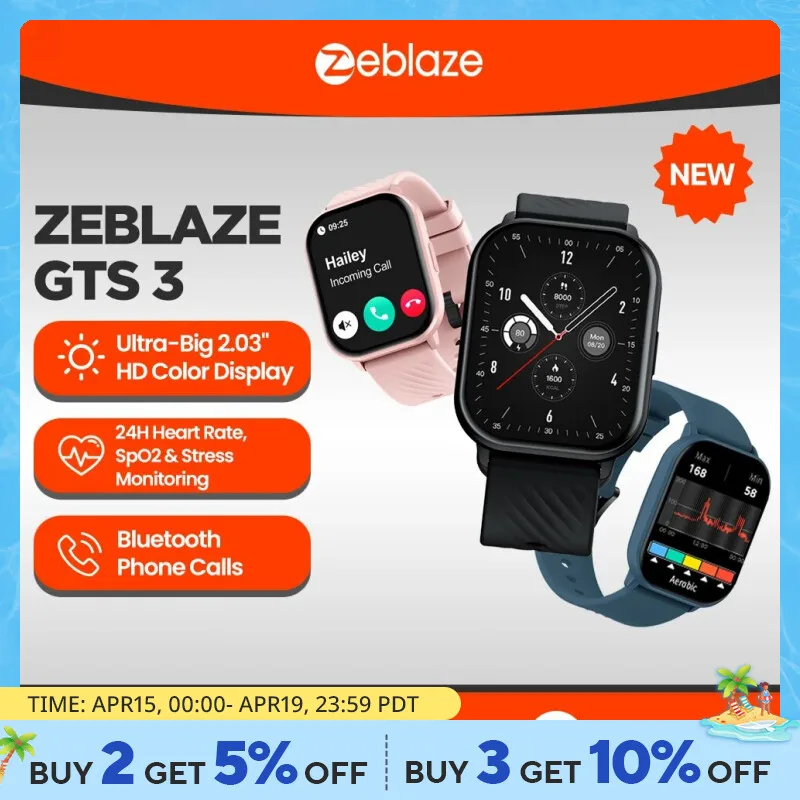  New Zeblaze GTS 3 Voice Calling Smart Watch Ultra-big 2.03'' HD Screen 24H Health Monitor 100+ Sport Modes 200+ Watch Faces 