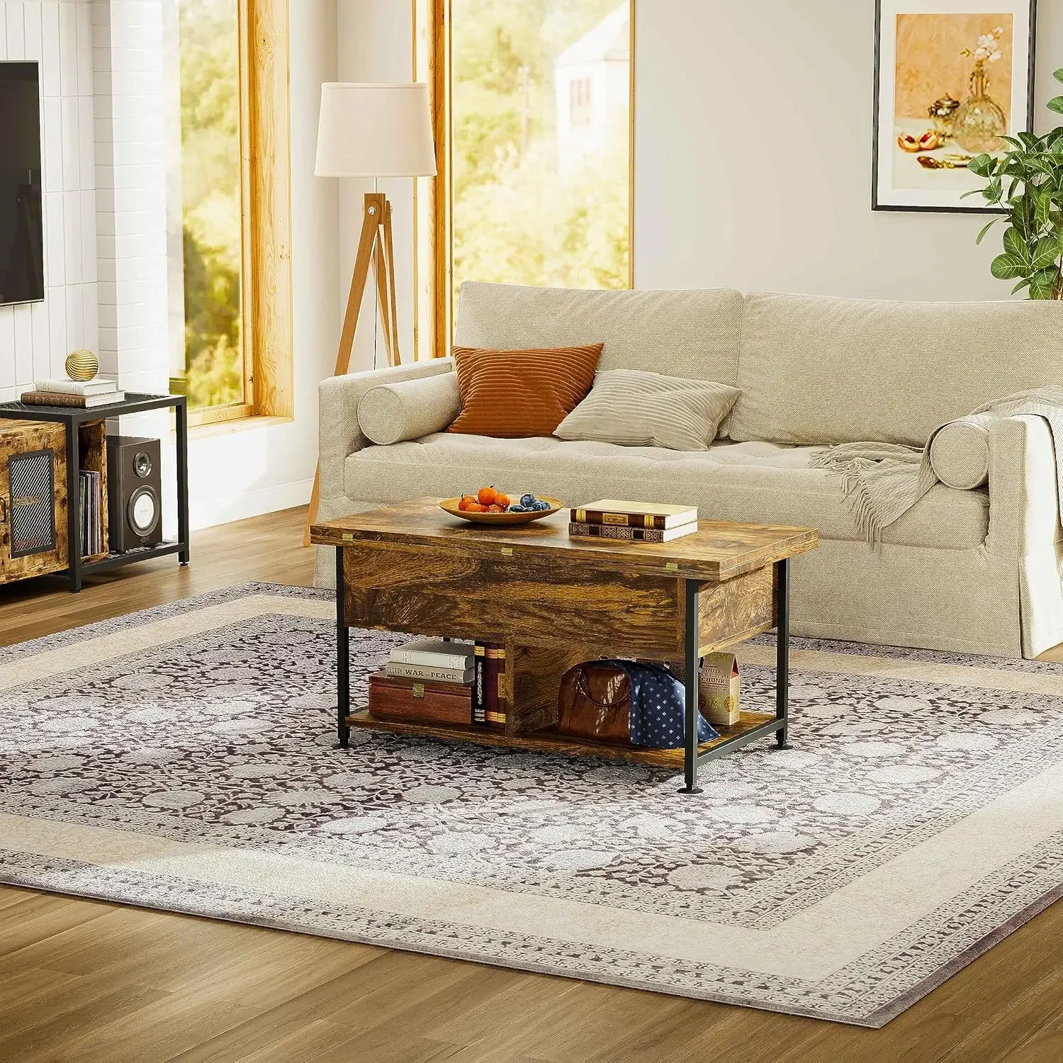40" Lift Top Coffee Table ，4 in 1 Convertible Dining Table with Hidden Compartment Home Office, Rustic Brown 4