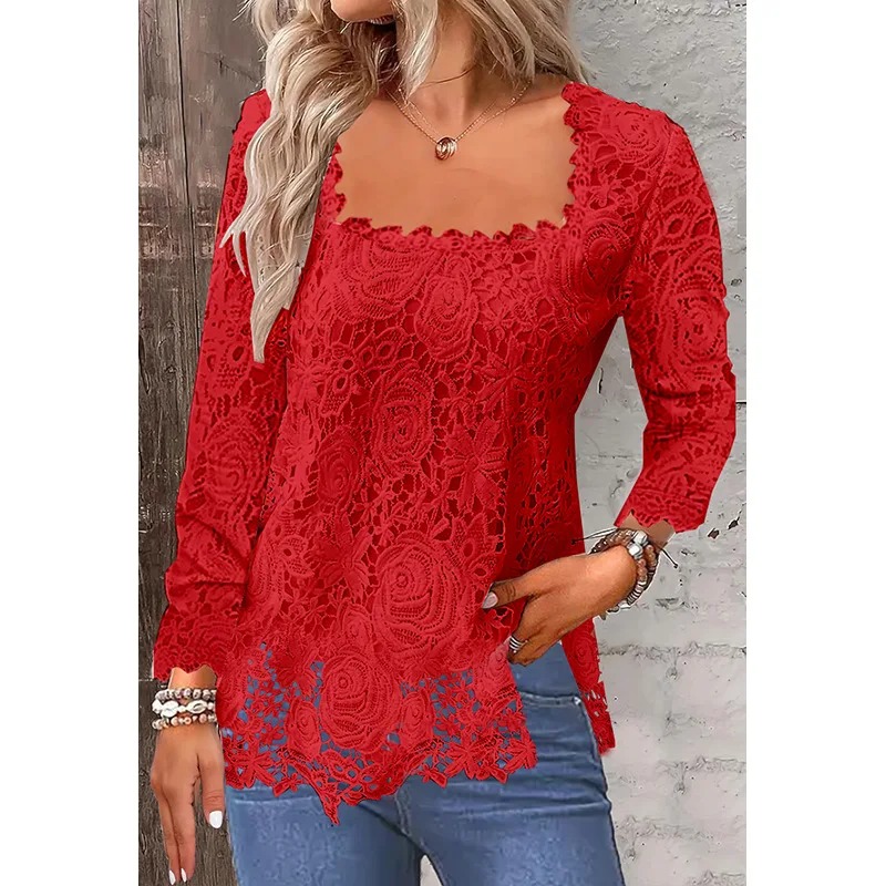 Women Lace Long Sleeve Loose Tshirts Summer Tops