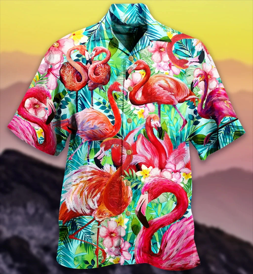 Summer Hawaiian Shirt for Men Hot Sale Funny 3D Cartoon Flamingo Men's Shirt Beach Oversized Men Fashion Short Sleeve Clothing