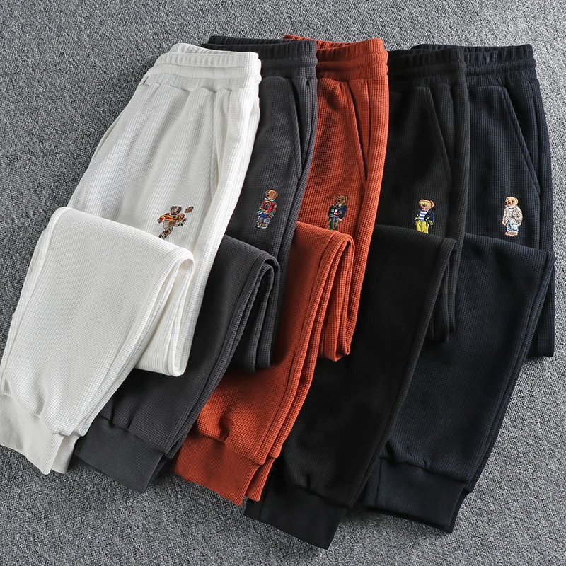 Autumn American Simple Waffle Embroidery Sweatpants Men\'s Fashion Pure Cotton Loose Elastic Waist Drawstring Sport Casual Pants