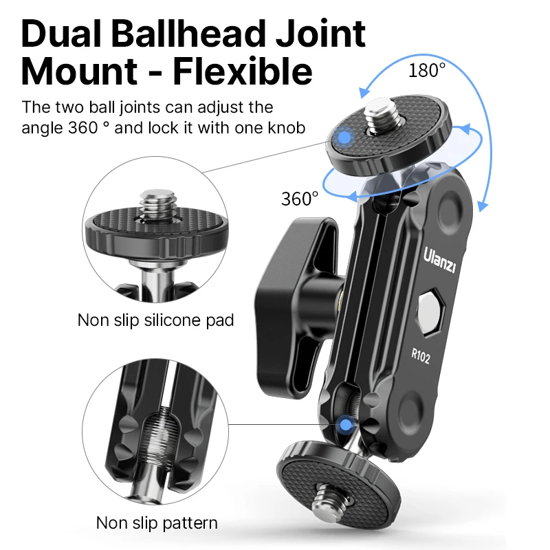 Ulanzi R102 Metal Double Ball Heads Magic Arm 360&deg;1/4''Screw Extend Mount DSLR Camera Monitor Video Mic Tripod camera ball head mount