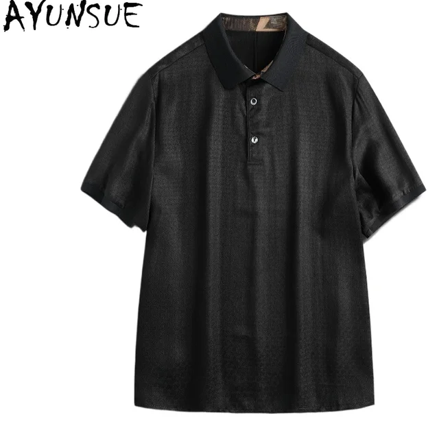 Polo en gaze de soie de luxe AYUNSUE pour homme, 100 % soie de mûrier véritable, jacquard, manches courtes, collection 2026 1