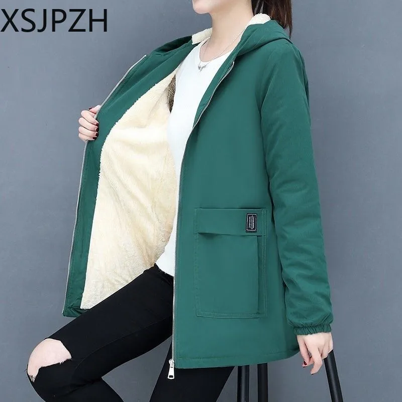 

Женский утепленный флисовый тренчкот, пальто средней длины с капюшоном, модель 8XL в Корейском стиле большого размера на осень и зиму, 300 фунтов