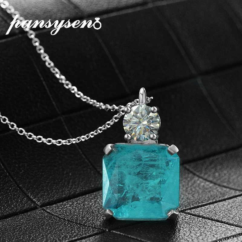 

PANSYSEN Vintage 925 Sterling Silver 15MM Paraiba Tourmaline High Carbon Diamond Pendant Necklace Anniversary Fine Jewelry Gift