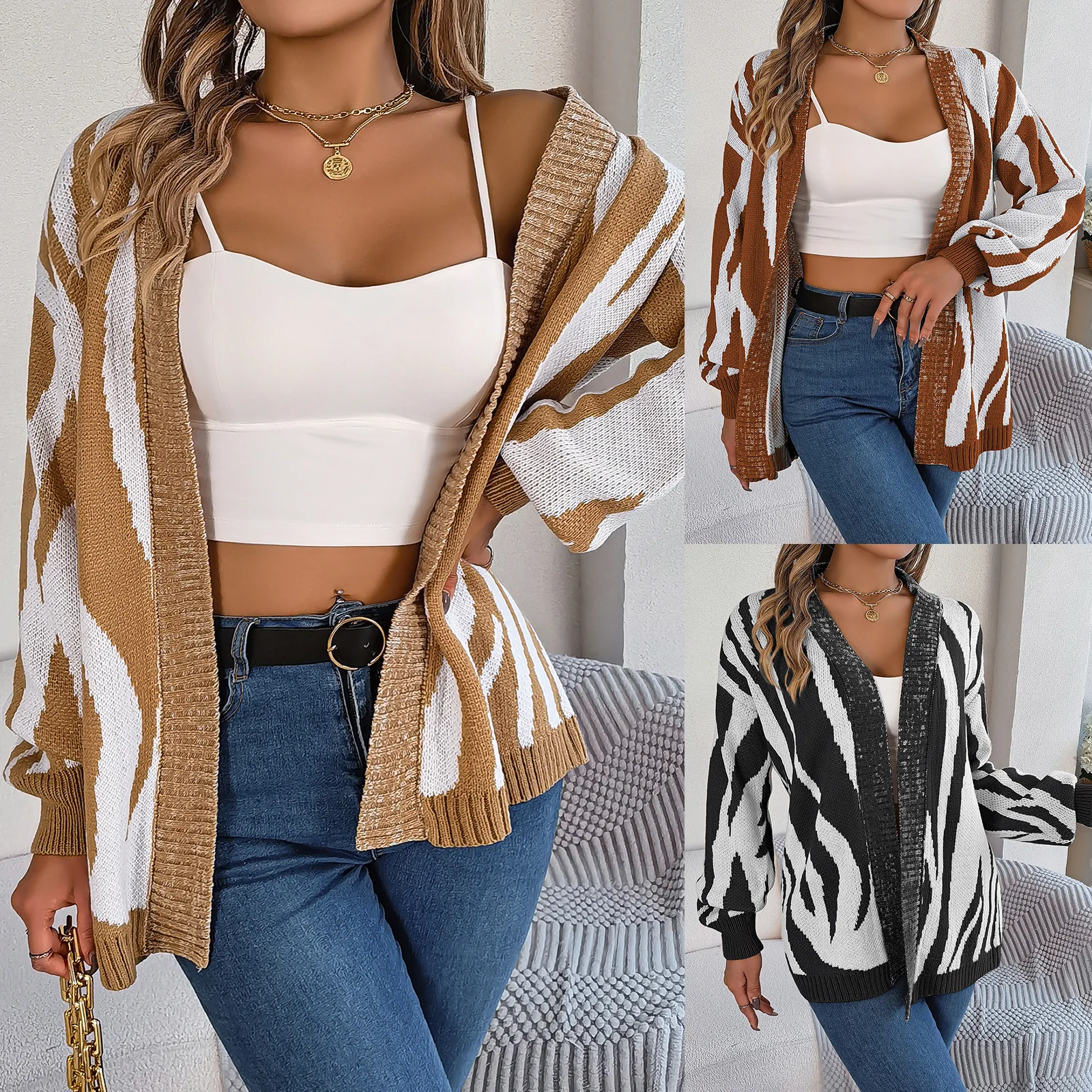 

Новинка, повседневный контрастный кардиган с рукавом «Зебра», свитер, пальто, свитер, женские модные топы y2k 2022, Женский Топ y2k