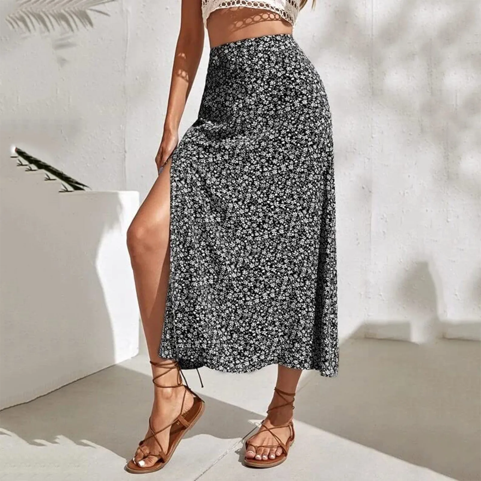 

Women's Floral Skirt Summer New High Waistband Slit Slim Fit Mid Length Dressing Beach Vacation Outfits Богемское платье