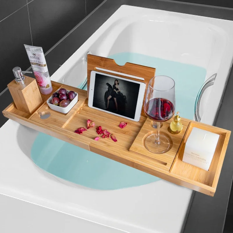 Extendable Spa Bathtub Bamboo Bathtub Tray Caddy Organizer Rack Book Wine Tablet Holder Nonslip Bottom Bath Tray Shelf