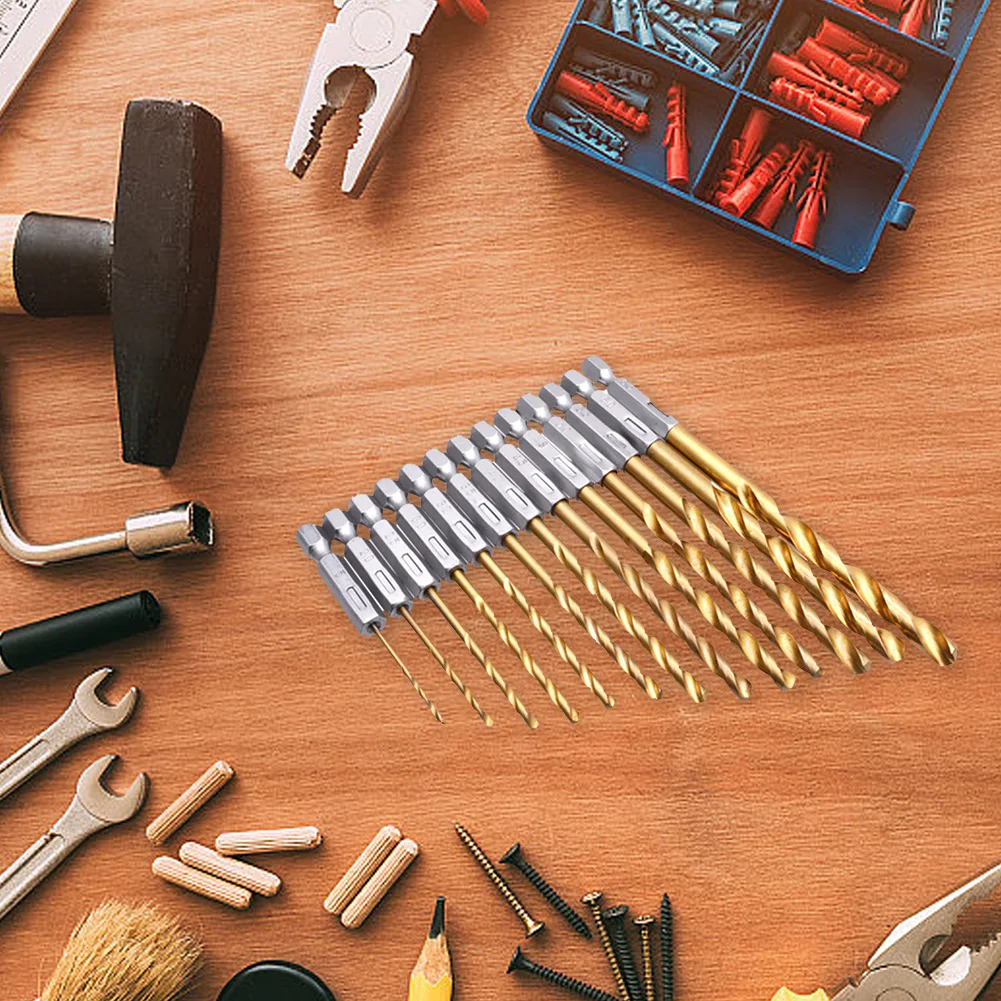 13 PCS 1/4inch Hex Drill Bit Set Titanium Coated HSS Twist Impact Drill Bit Set 1.5-6.5mm for Wood Plastic Aluminum Alloy Metal