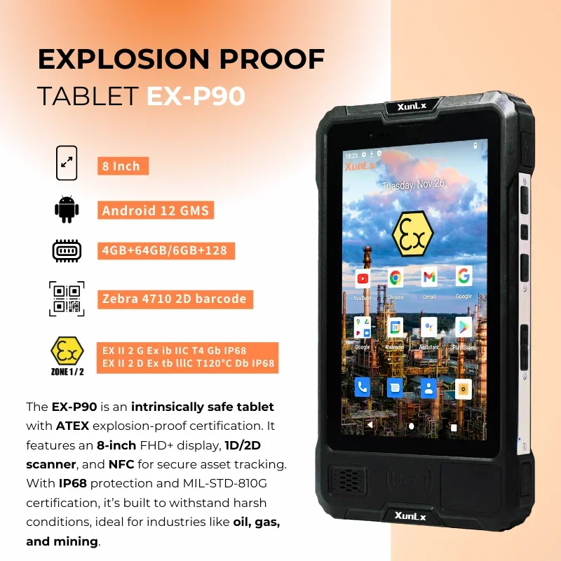 본질안전 태블릿 PC 안드로이드 12 NFC 2D 바코드 스캐너 PDA 컴퓨터 휴대용 8인치 디스플레이 128GB Zone 1/21 ATEX 태블릿