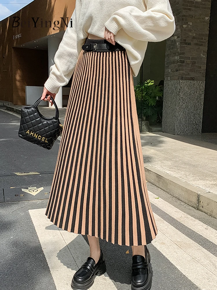 

Beiyingni Korean Vintage Striped Knitted A-line Midi Skirts for Ladies Autumn Winter Fashion Elegant High Waist Skirt Women Belt