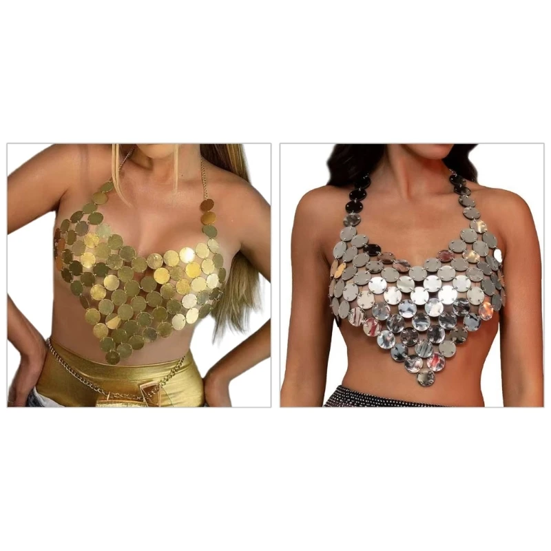 

Women Sexy Chain Halters Sleeveless Backless Vests Sequined Crop Top Clubwears