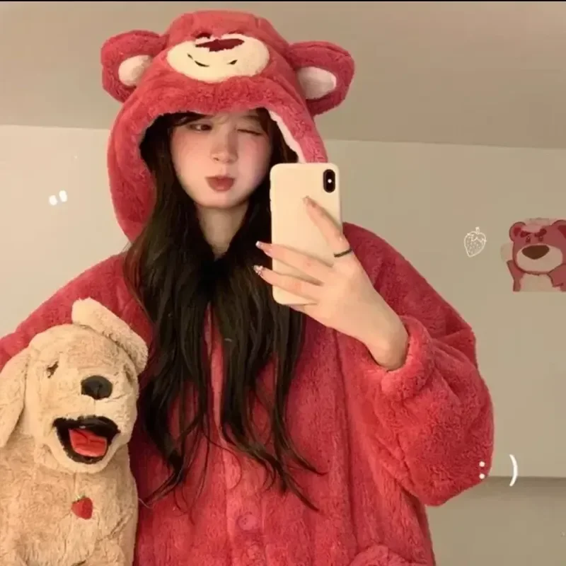 

Disney Kawaii Lotso ночная рубашка с мультяшным принтом коралловый бархатный женский топ Пижама плюшевый мягкий Халат с капюшоном кардиган Ночная Рубашка домашняя одежда теплая