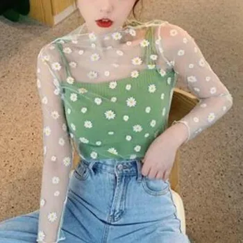 여성용 데이지 플라워 프린트 메쉬 상의, 긴팔 투명 망사 티셔츠, 패션 여름 자외선 차단 티 2023, 우아한 블루사