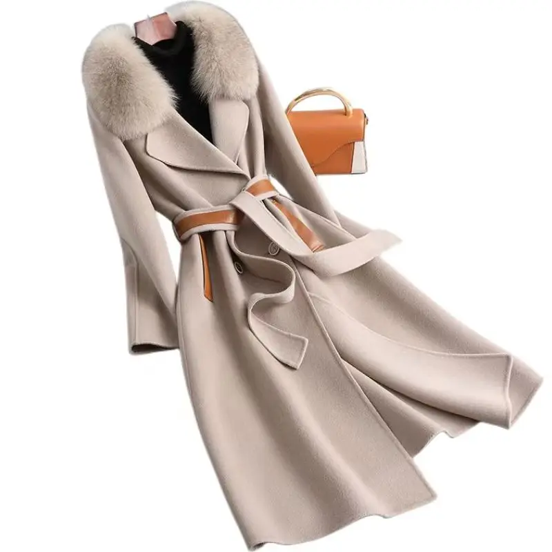 

Women's Double-Sided Woolen Coat, Adjustable Waist Jacket, England Style, Faux Fox Collar Overcoat, New, Winter, 2023