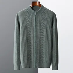 RONGYI New Pure Cashmere Cardigan Men's Zipper Stand-Up Collar Knit Thick Coat Autumn Winter Youth 100%Wool Wild Plus Size Jacke