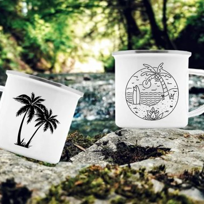 

Coconut Tree Printed Enamel Creative Coffee Tea Water Milk Cups Camping Mugs Campfire Cup Drinkware Vacation Hiking Mug Gifts