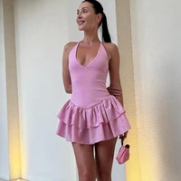 Women's Dresses 2025 Halter Pink Mini Dresses Chic v Neck Layer Ruffles Hem Dress A Line Vestido Summer Ladies Street Party Wear - Image 2