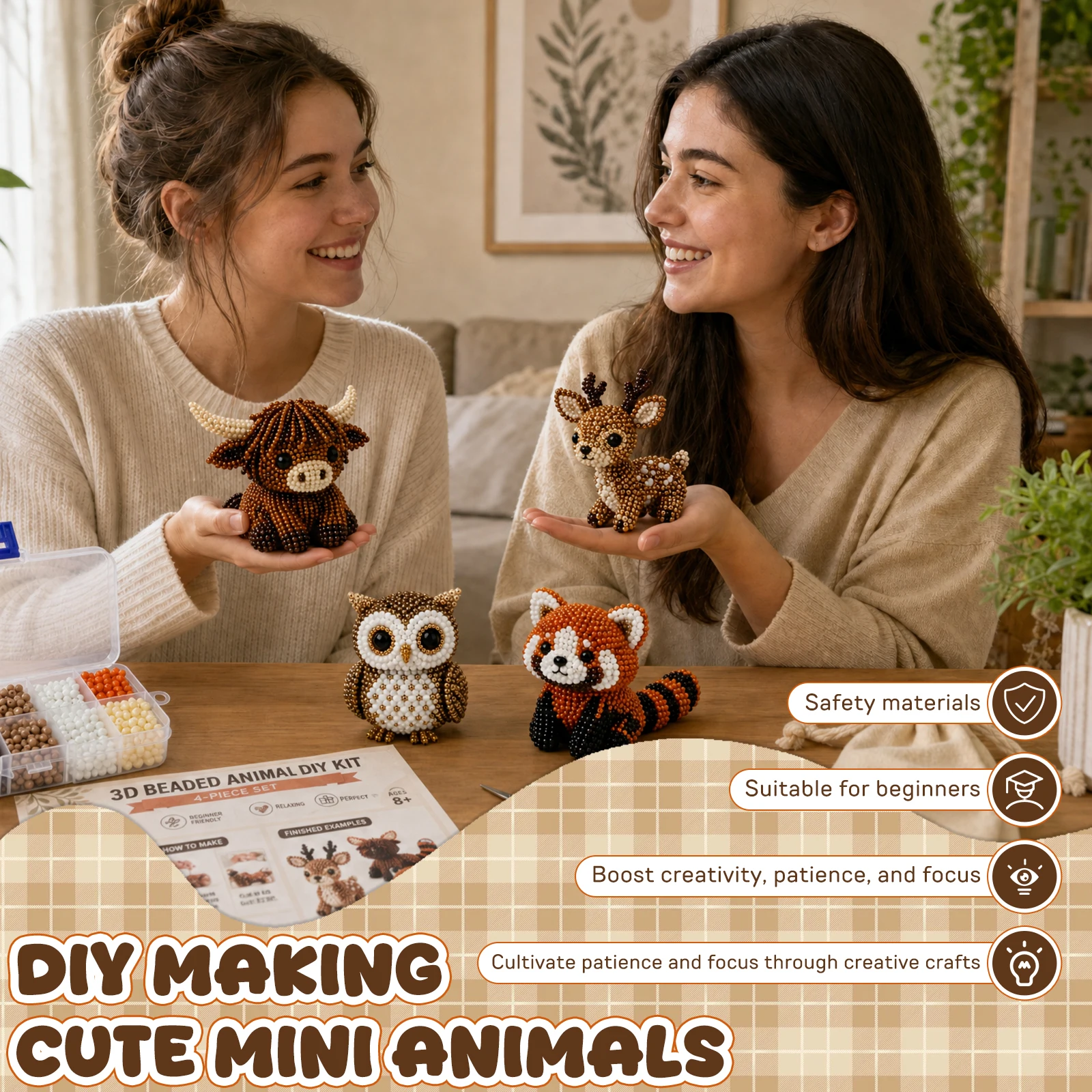 DIY 동물 비즈 자수 키트, 초보자를 위한 수제 미니 3D 비즈 새 동물, 동물 비즈 공예 세트, 집 책상 장식
