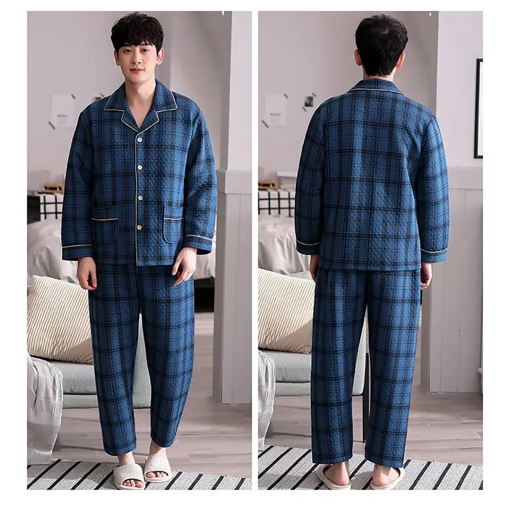 

Air Plaid Quilted Cotton Male for Hombre Pyjama Pijama Homme Soft Buttons Autumn Pajamas Set Men Thicken Winter Warm Comfortable