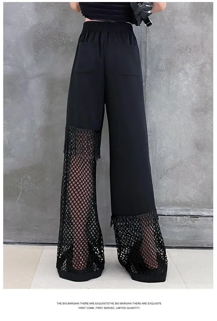 2024 Summer Women's Hollow Mesh Loose Straight Tube Slim and Hanging Large Size Wide Leg Pants