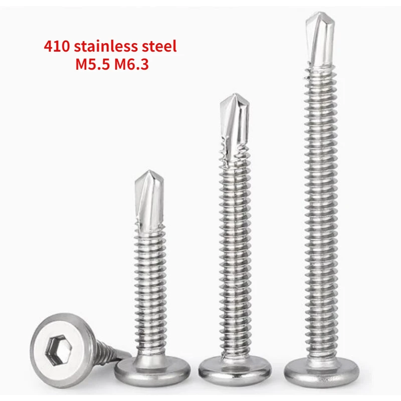 

410 Stainless Steel Flat Head Hexagonal Drill Tail Chamfered Self Tapping Dovetail Screw Special Screw for Guardrail M5.5 M6.3