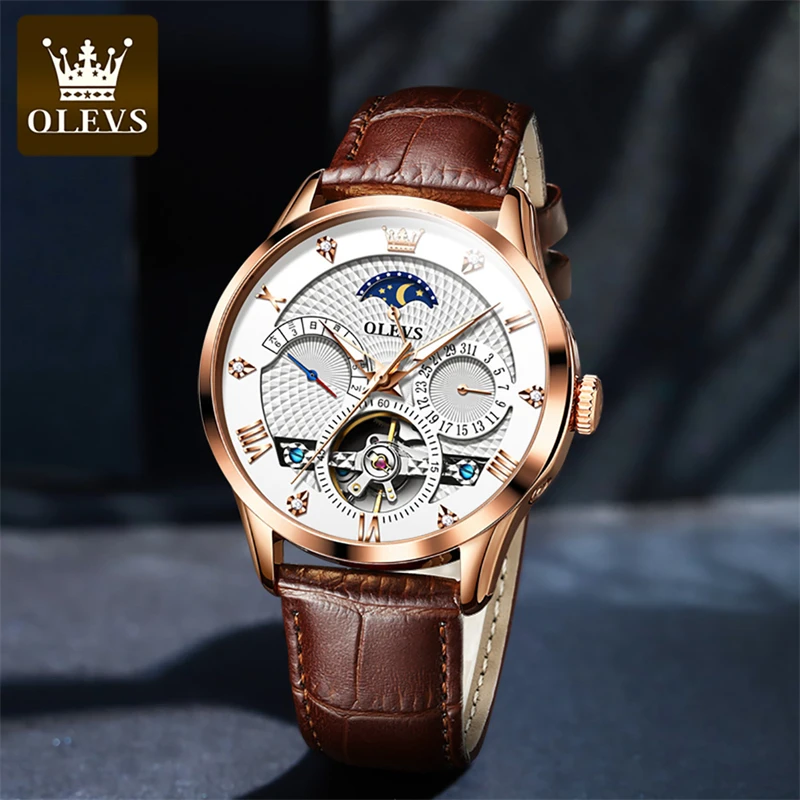 OLEVS New Luxury Tourbillon Mechanical Watch for Men Leather Strap Waterproof Luminous Classic Moon Phase Automatic Watches Mens