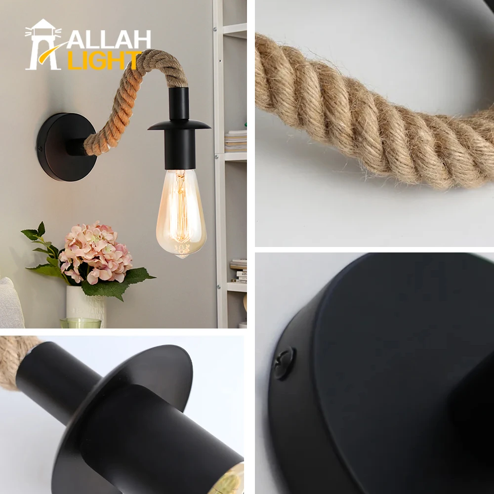 

Wall Lamp Retro American Retro Living Room Decorative Lamp Bedroom Bedside Stairs Aisle Bar Restaurant Hemp Rope Wall Lamp