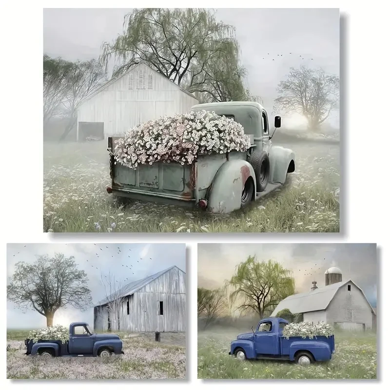 Abstract Truck With Blush Petunias Dipinti Canvas Print Landscape Wall Art Nature Picture Poster Estetica Room Decor