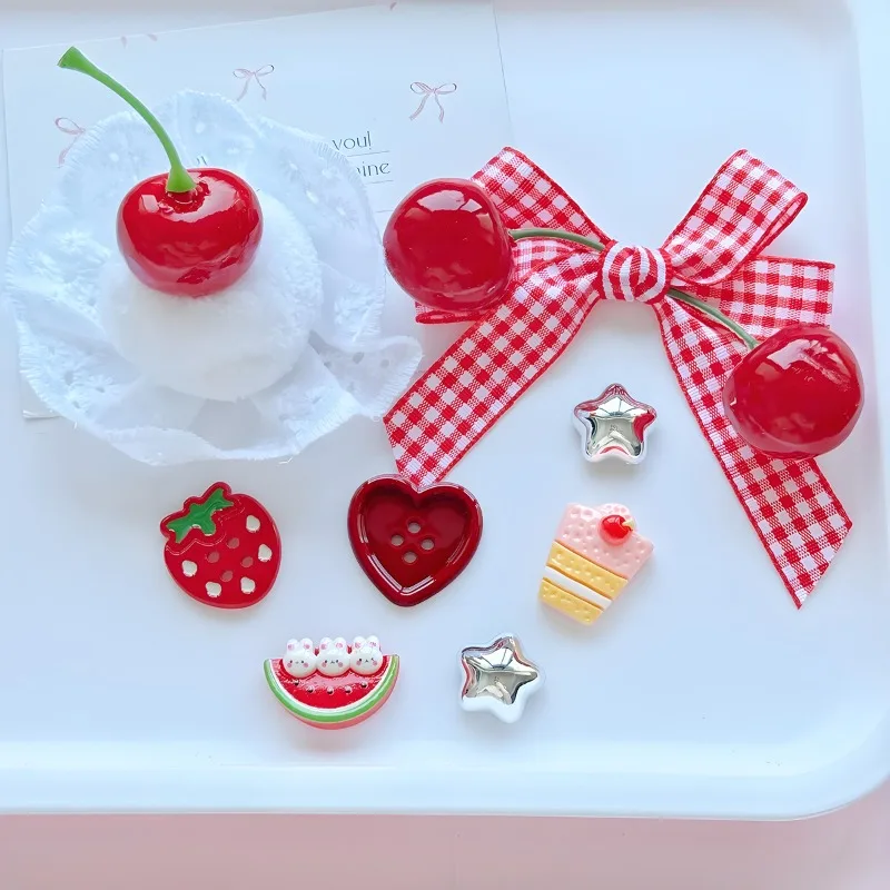 핫세일 DIY 귀여운 체리 리본 & 딸기 아크릴 참 장식 (샌들 & 슬라이드 데코 버튼 패치 공예용)