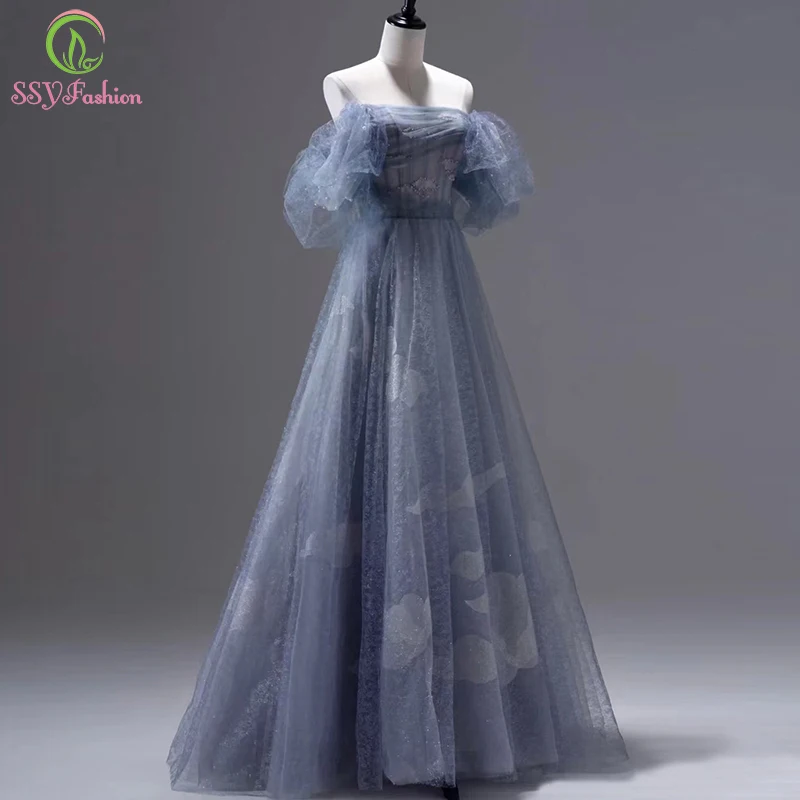 

SSYFashion Elegant Blue Evening Dress for Women Boat Neck A-line Floor-length Beading Glittering Long Formal Party Gowns Vestido