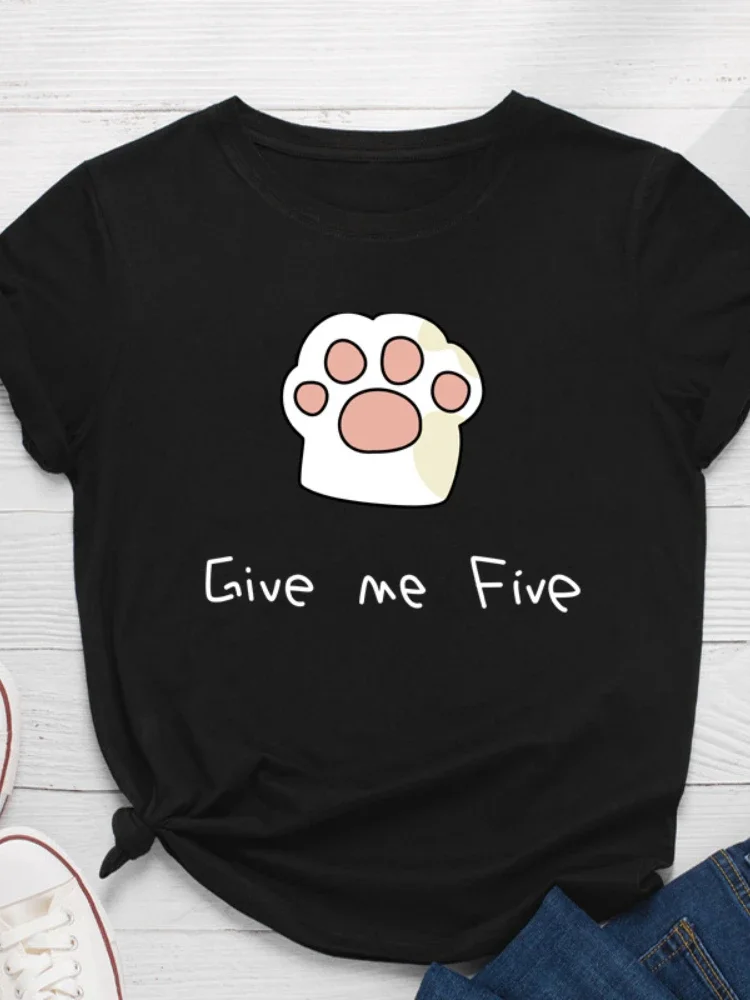 

GIVE ME FIVE Cat Paw Print Women T Shirt Short Sleeve O Neck Loose Women Tshirt Ladies Tee Shirt Tops Clothes Camisetas Mujer