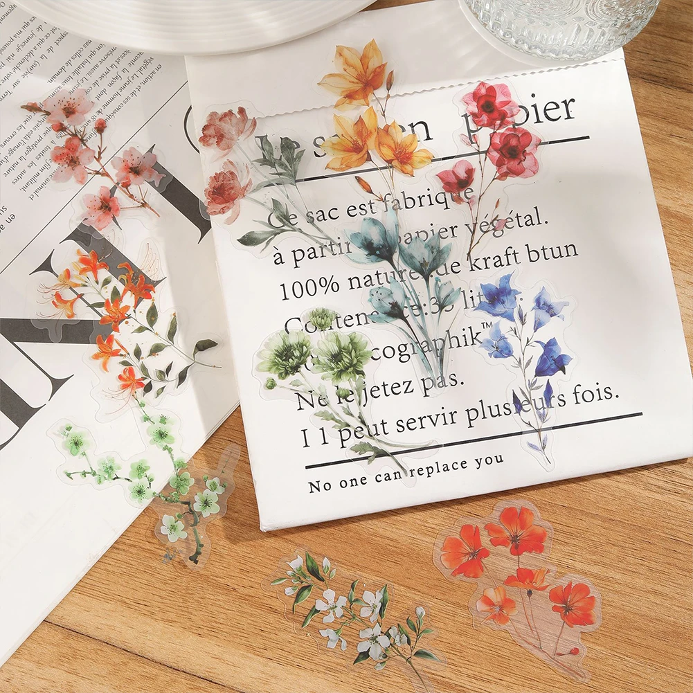 50pcs Flower Sticker Transparent Ink Flower Sticker Waterproof Stickers Set for Journaling Clear Decals