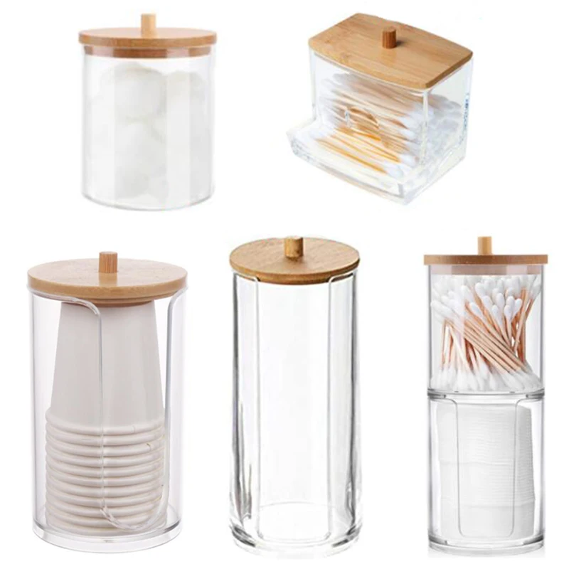 Acrylic Storage Box Bathroom Jar Makeup Organizer Cotton Round Pad Holder Cotton Swab Box Qtip Holder Dispenser Bamboo Lid