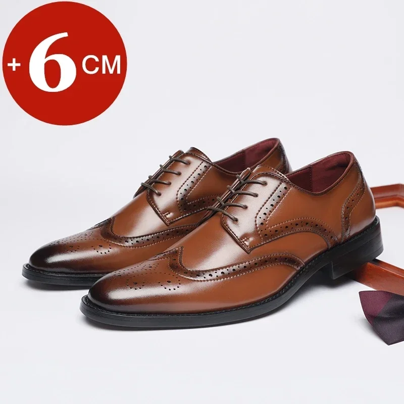 Men Height Increase Oxford Dress Shoes Genuine Cow Leather Lift Brogues Wedding Formal Elevator