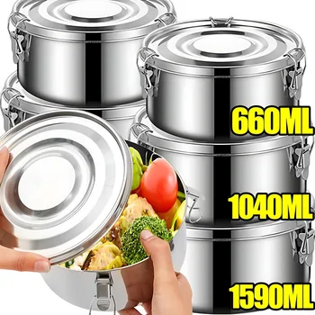 Boîte à déjeuner ronde en acier inoxydable avec couvercle, boîtes à Bento portables anti-fuite, conteneur de stockage des aliments, conteneurs de bol de pique-nique de Camping 1