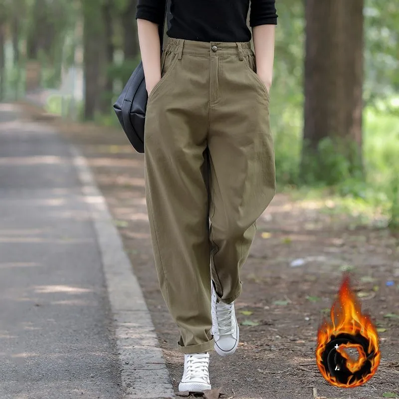 Women's Autumn Winter High Waist Solid Button Zipper Pocket Casual Loose Small Feet Workwear Trousers Fashion Vintage Pants