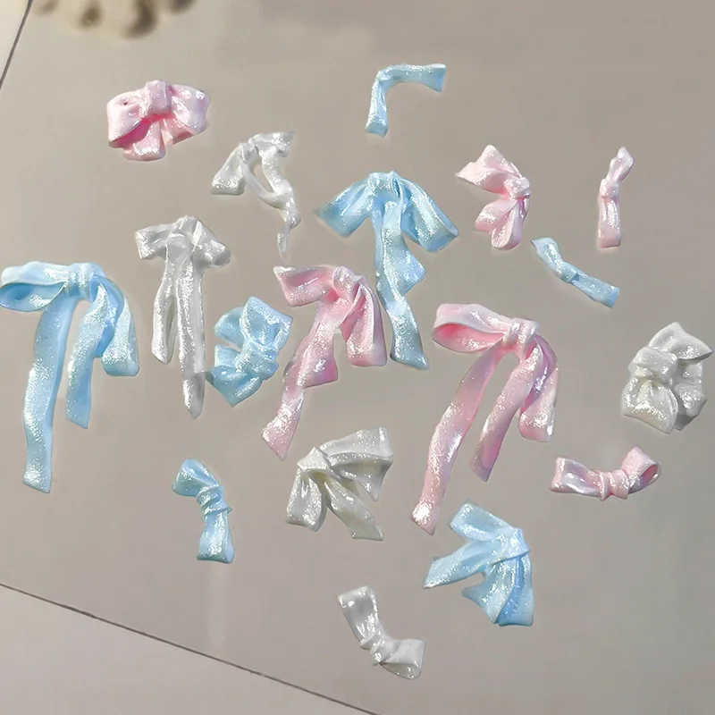 50개입 달콤한 펄빛 부드러운 리본 보우 네일 참 3D 반짝이 글리터 우아한 새틴 롱 보우 리본 네일 장식 DIY 매니큐어 데코